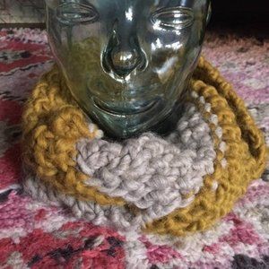 Hand Crochet Virgin Wool Color Black Infinity Mustard Oatmeal Scarf